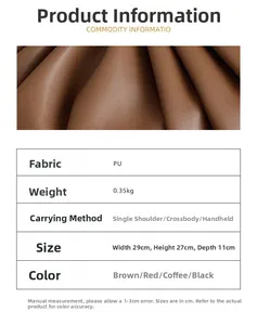 Detailed spec sheet showing a brown vintage pleated PU leather bag size 29x27x11cm