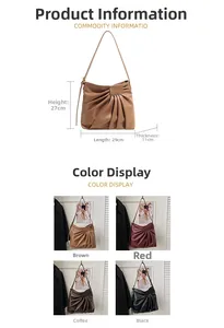 Detailed size specifications and color options for the pleated shoulder bag in four colors