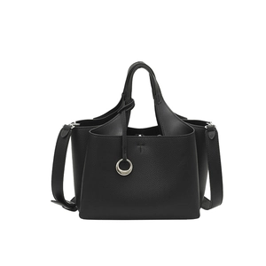 Black litchi grain leather tote bag with silver ring detail and adjustable shoulder strap