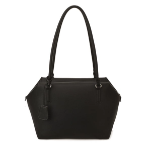 Minimalist black pebbled leather tote bag with large capacity and shoulder straps
