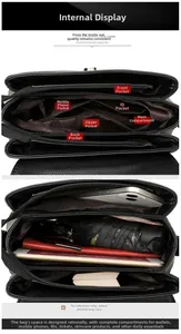 Detail of black pebbled leather crossbody bag showing internal multi-pocket organization