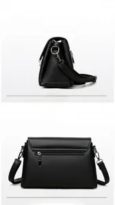 Detailed views of black pebbled leather crossbody bag with back zipper and side profile