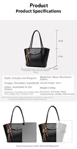 Size chart for black pebble leather tote bag with iPad and A4 magazine scale comparison