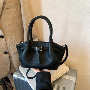 Fashionable black lychee leather handbag with silver buckle and shoulder strap for women