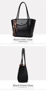 Detail shots of black pebble leather tote bag with side fringe and brown inner lining