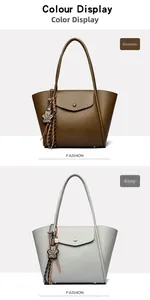 Detail view of brown and grey pebble leather tote bags with cute bear and tassel charms