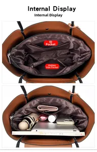 Internal view of large brown leather tote bag showing compartments and storage capacity