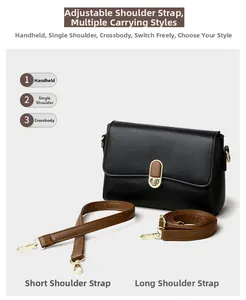 Detail view of black lychee leather bag with two detachable brown straps for 3-way styling