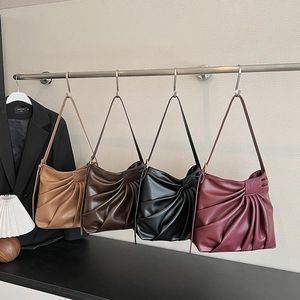 Women Pleated Shoulder Bag PU Leather Retro Fan Shaped Hobo Crossbody Underarm Bag Large Capacity Casual Commuter