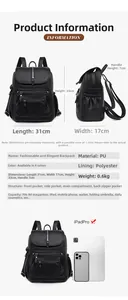 Detailed size chart and capacity display for a stylish black PU leather backpack