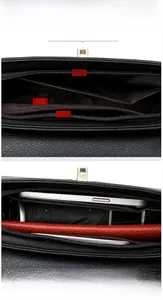 Internal structure showing compartments for phone and wallet in black leather handbag