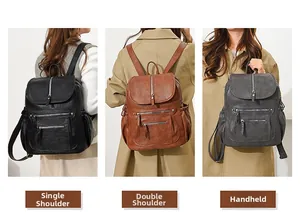 Three-way carry leather backpack shown in black, brown, and grey with multi-pocket design