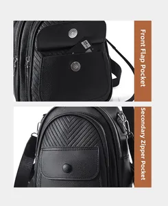 Detail eines schwarzen Lederrucksacks mit Magnetklappe und Reißverschlusstasche aus Leder