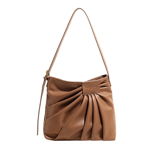 Retro brown pleated leather underarm bag with adjustable strap and fashion label detail