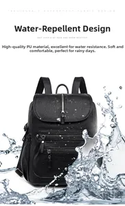 Detail of waterproof black PU leather backpack with lychee grain texture and splash protection