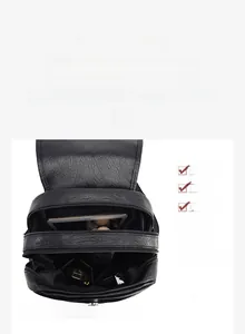 Internal view of black lychee grain backpack with multiple zippers and storage compartments