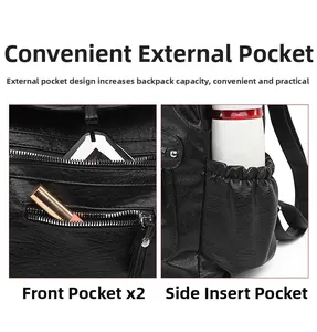 Detail view of double front zipper pockets and elastic side pocket on black leather backpack