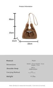 Detail of fuzzy brown plush bag showing silver buckle and dimensions in technical layout