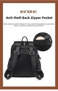 Detail view of the pebble grain leather backpack back with a hidden anti-theft zipper pocket
