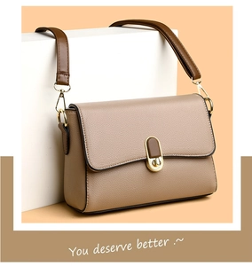 Detail of lychee pattern leather and golden oval lock on khaki shoulder bag
