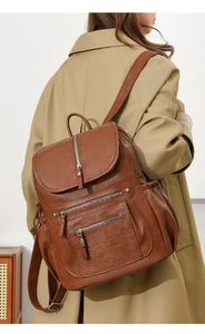 Detailed back view of a brown faux leather backpack with multiple zip pockets on model