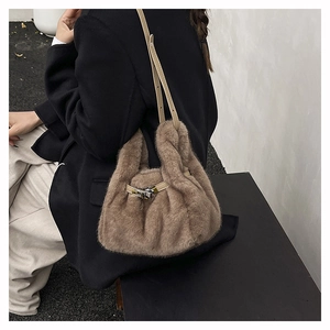 Brown faux fur small square bag with leather strap and silver metal buckle closure