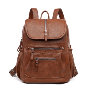 Brown vintage faux leather backpack featuring multiple front zipper pockets and adjustable straps