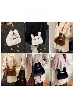 Plush crossbody bags in white, coffee, and black shown in various outdoor fashion settings