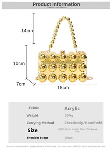 Detail view of a gold acrylic evening clutch with 3D studs and 18x10x7cm dimensions