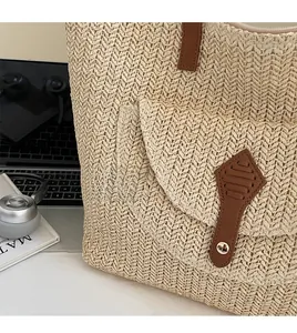 Détail du sac cabas en paille montrant le tissage beige et la poche en cuir marron