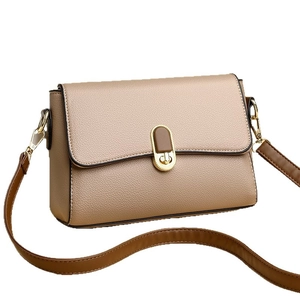 Champagne leather shoulder bag with lychee texture and gold metal buckle on white background