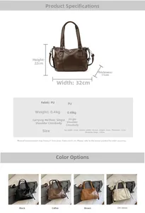 Detailed view of brown PU leather tote bag with dimensions and texture specifications