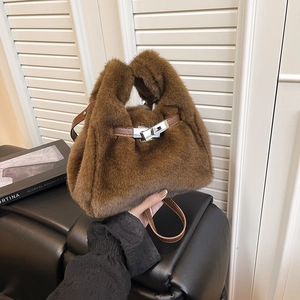 Brown faux fur small square crossbody bag with metal twist lock and leather strap