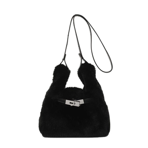 Chic black fuzzy faux fur crossbody bag with silver metal twist lock and slim strap