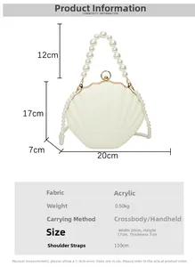 Detailed size chart of white shell-shaped acrylic evening bag with pearl chain straps