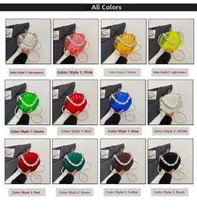 Grid view showing 12 colors of shell clutch bags with pearl handle and chain straps