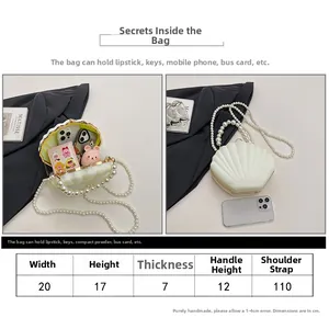 Detailed size specifications for the acrylic shell bag with pearl chain measurements