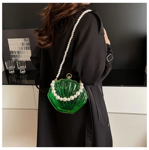 Detail of green acrylic shell bag with pearl chain carried by model in black coat