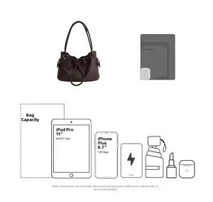 Size chart for brown tote bag showing capacity for an 11-inch iPad and daily essentials