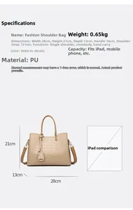 Size chart showing large embossed tote bag dimensions 28x21x13cm and iPad compatibility