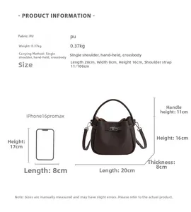 Size guide for dark brown bucket bag showing dimensions 20x8x16cm and iPhone comparison