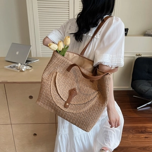 Grand sac fourre-tout en paille tissée avec poignées en cuir pour plage et quotidien