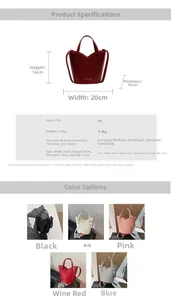 Detail view of shell-shaped PU bucket bag showing 20x16x10cm size and various color options