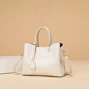 Elegant cream white crocodile embossed handbag with gold hardware and top handle for women