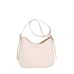 Minimalist cream white half-moon shoulder bag with drawstring details and gold hardware