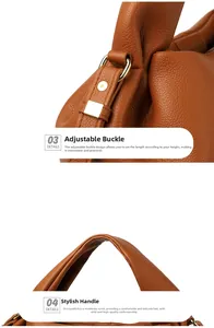 Détail de la boucle réglable et de la poignée en cuir grainé sur un sac à main marron