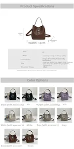 Detailed size chart and parameter display for the PU leather bucket bag with dimensions