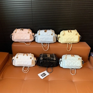 Women Quilted Crossbody Bag PU Leather Fashion Rhombic Pattern Gold Chain Strap With Plush Pendant Double Zipper