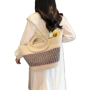 Large straw tote bag with color contrast pattern for summer beach vacations and daily use