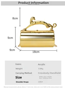 Golden acrylic cylinder bag with cheetah handle, chain strap, and 18x9x9cm dimensions